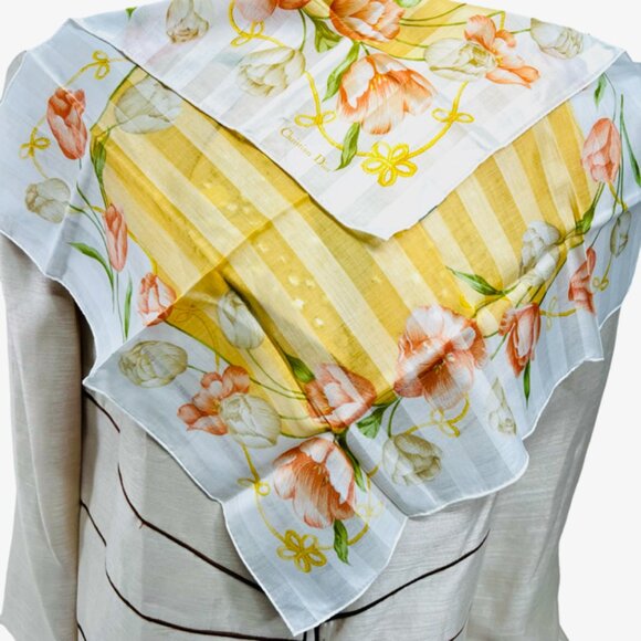 New CHRISTIAN DIOR Mni Scarf Cotton/Silk 19" Ivery Peach Pink Floral (41 - Picture 3 of 5